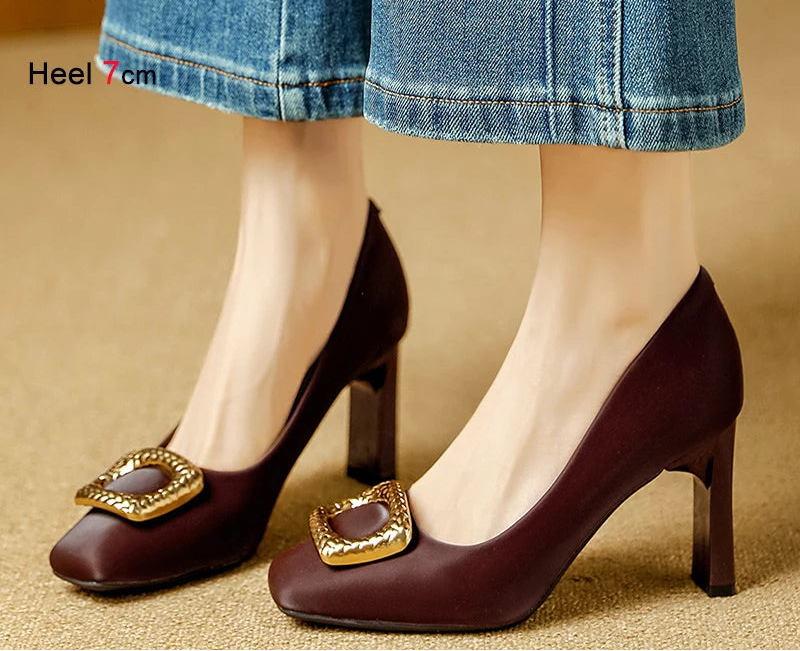 Basic Shallow Square Toe Women Pumps High Quality PU Leather Matte Thick Heel Office Shoes Woman Maroon 7CM High Heels