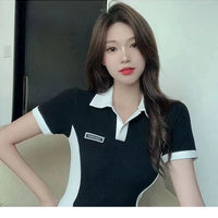 Women Polo Collar Dress Elegant Color block Short Sleeve Bodycon Midi Dress Casual Slim Fit T Shirt Dresses for Women