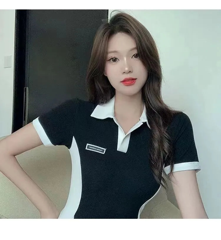 Women Polo Collar Dress Elegant Color block Short Sleeve Bodycon Midi Dress Casual Slim Fit T Shirt Dresses for Women