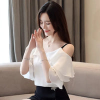 Women's Fashion Suspender V-neck Chiffon Short-sleeved Shirt Elegant Ruffle Edge Decorative Casual Shoulder Blouse