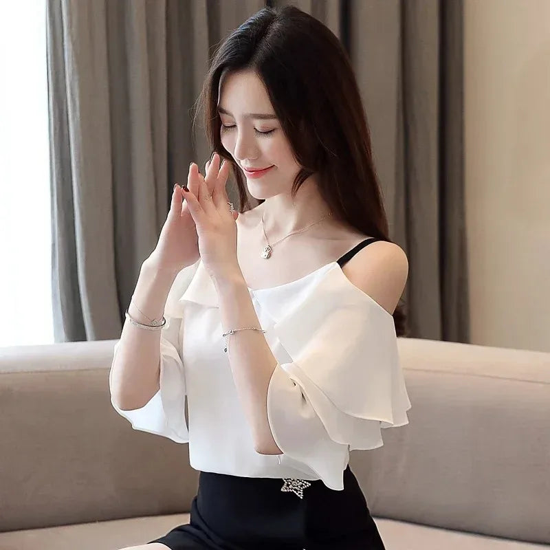 Women's Fashion Suspender V-neck Chiffon Short-sleeved Shirt Elegant Ruffle Edge Decorative Casual Shoulder Blouse