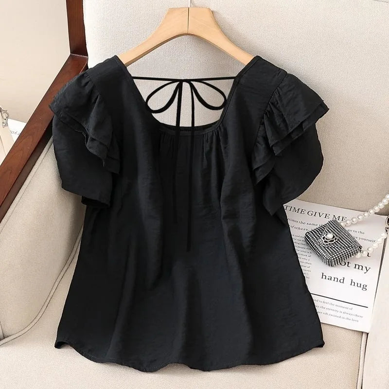 Loose Summer Top Black Square Collar Short Sleeve Women's Fashion plus Size Clothing Breathable Comfortable Cotton Fabric