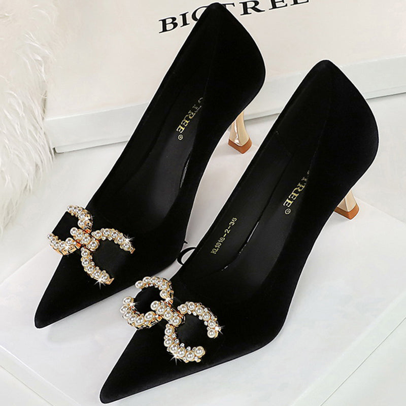Luxury Women 7cm High Heels Wedding Pumps Lady Luxury Designer Metal Chain Buckle High Heels Stiletto Women Dress Shoes