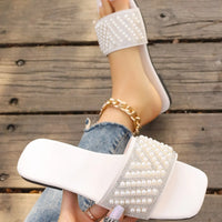 Small Fragrant style flat bottomed plus size slippers for women square headed rhinestone pearl fashionable casual slippers