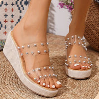 Pearl Decorated Thick Heel Casual Women's Sandals Slip-On round Toe PU Upgraded Comfortable Summer High Heels