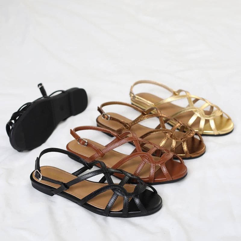 French-style cross-strap sandals, summer open-toe flat women's shoes, one-strap buckle Roman-style commuter shoes