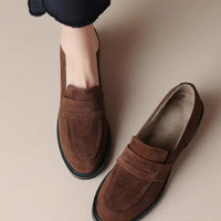 British Style Fleece Lined Chunky Heel Loafers Women's Shoes Retro French Vintage Leather Casual Shoes Rubber Sole Adult Footwear