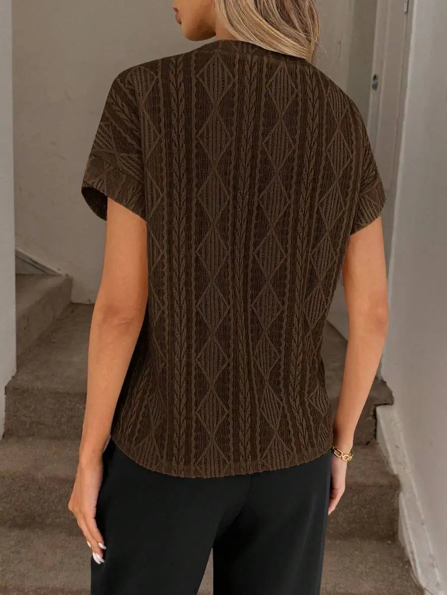 Women's Casual Round Neck Jacquard Short Sleeve Top T-shirt Leisure Commute Women Clothing