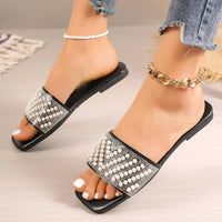 Small Fragrant style flat bottomed plus size slippers for women square headed rhinestone pearl fashionable casual slippers