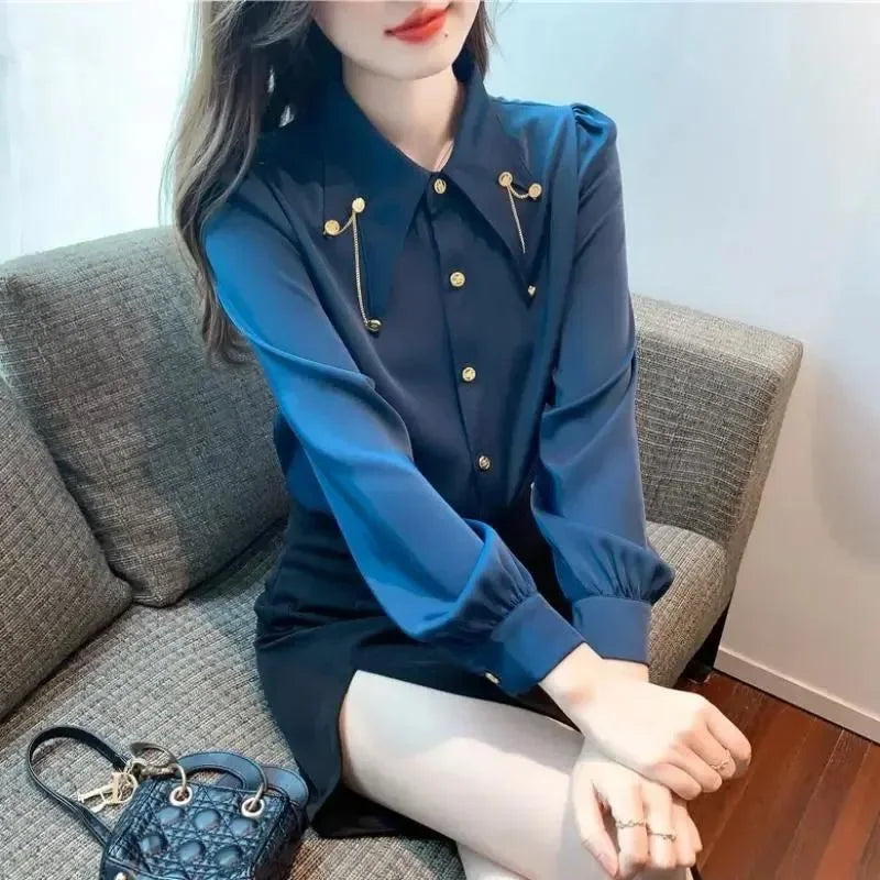 Early Pure Color Long Sleeve Polo Collar Women's Shirt Inner Wear French Style Elegant