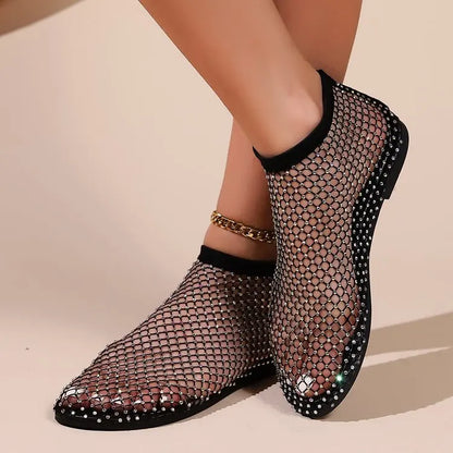 Women's Round Toe Flat Bottom Sandals Hollow Short Boots Water Diamond Sexy Flats Bottom Shoes Luxury Shoes Women - Natalia Home Fashion