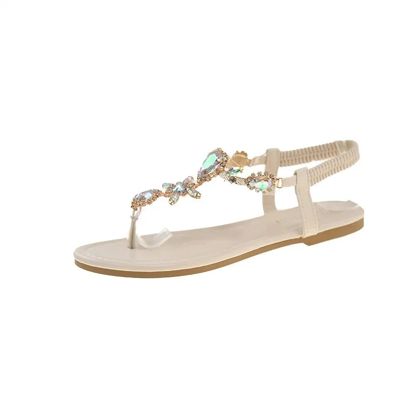 Flat Bottom Sandals Women's Fashion Flower Rhinestone Elastic Strap Casual Toe Post Sandals