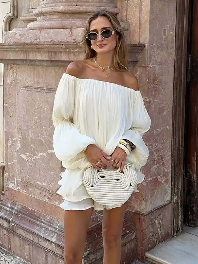 LGRQ 2026 Summer Women Dress Romantic French-style Lantern Sleeves Off-shoulder Mermaid Dress With Shiny Silk Unique Design Natalia Home Fashion    Natalia Home Fashion