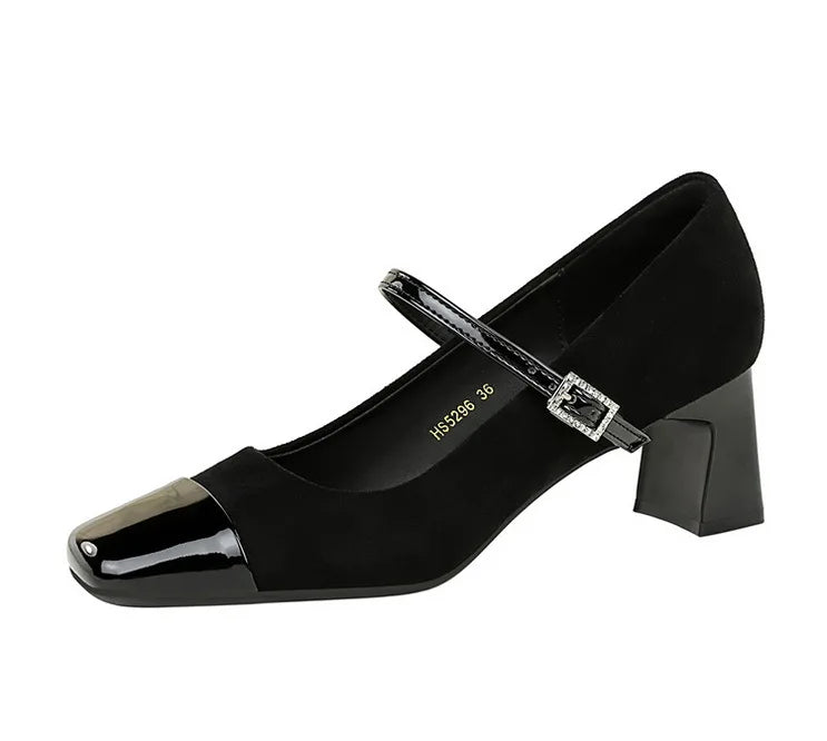 Leopard Print Women Pumps Suede Middle Heel Shoes Sexy Mary Jane Shoes Rhinestone Buckle Ladies Shoe Square Head