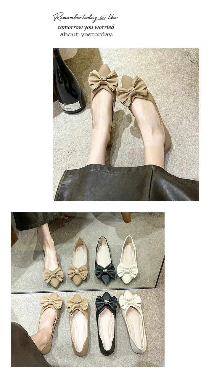 Soft Bottom Flat Casual Women's Shoes Butterfly Knot Slip-On Simple Design Shoes  Synthetic Leather