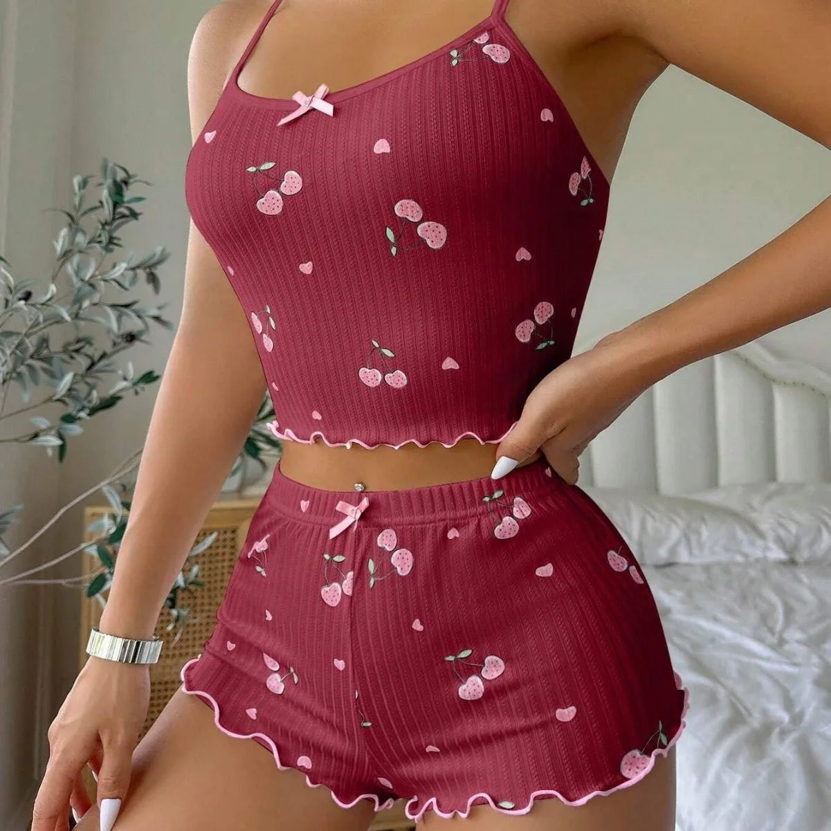 Sleepwear Women's Heart Print Sexy Strap Vest Shorts Home Clothes Set Polyester Fiber Medium Weight Sleeveless