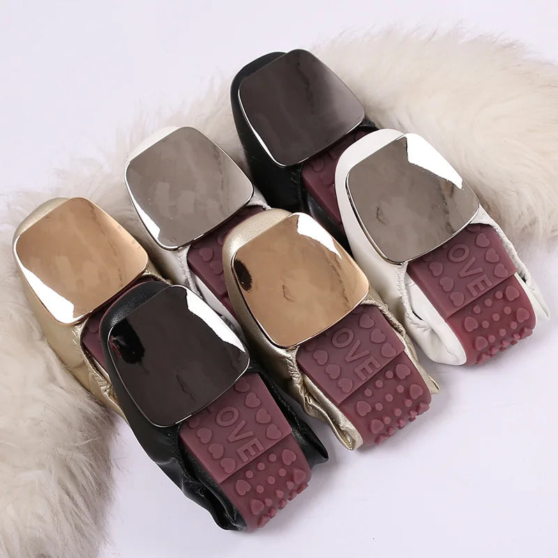 Light Metal buckle roll-up flats ladies shoes cozy moccasins sequined cloth foldable ballet flats woman size