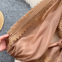 Elegant Hollow Out Organza Long Maxi Dresses Shirt Women  Layer Ruffle Full Sleeve Pearl Evening Party Dress