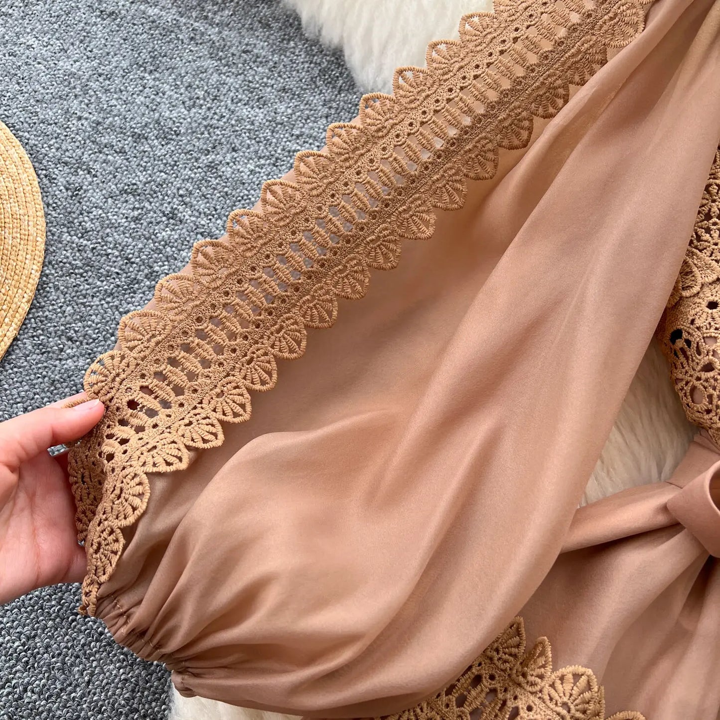 Elegant Hollow Out Organza Long Maxi Dresses Shirt Women  Layer Ruffle Full Sleeve Pearl Evening Party Dress