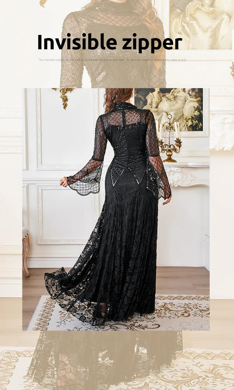 Black Lace Mermaid Elegant Evening Dress for Women High Neck Long Sleeve Sequins Party Dresses Prom Gowns Wedding