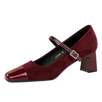 Leopard Print Women Pumps Suede Middle Heel Shoes Sexy Mary Jane Shoes Rhinestone Buckle Ladies Shoe Square Head