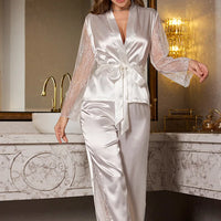 Sexy Lace Patchwork 2PCS Pajamas Set Loungewear Spring New Long Sleeve Trouser Pajamas Suit Loose Silky Home Clothes Lingerie