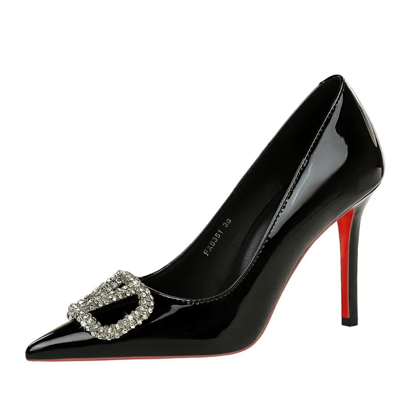 Banquet Pointed High Heels, Shallow Metal Rhinestone Thin Heel Patent Leather High Heels