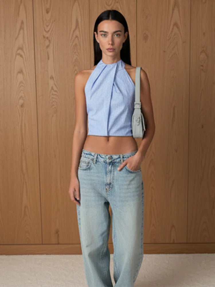 Fashion Stripe Halter Neck Backless Shirt Women Exquisite Tie Waist Sleeveless Vest 2026 Lady Daily Commute Street Cropped Wears Natalia Home Fashion    Natalia Home Fashion
