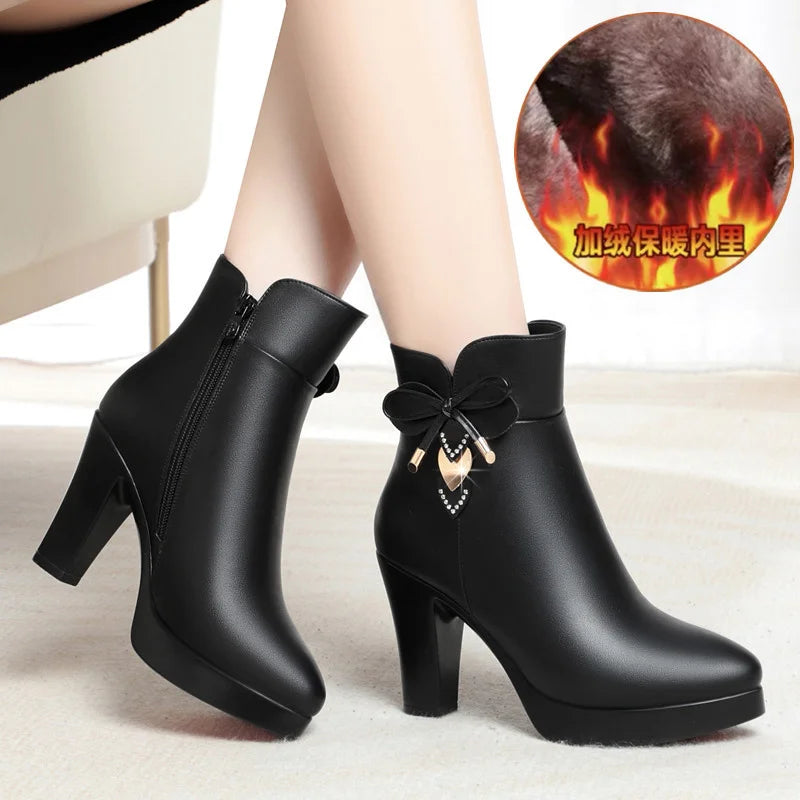 Women's Pointed Toe Waterproof Platform Ankle Boots Thick-heeled Anti-slip Boots - Natalia Home Fashion
