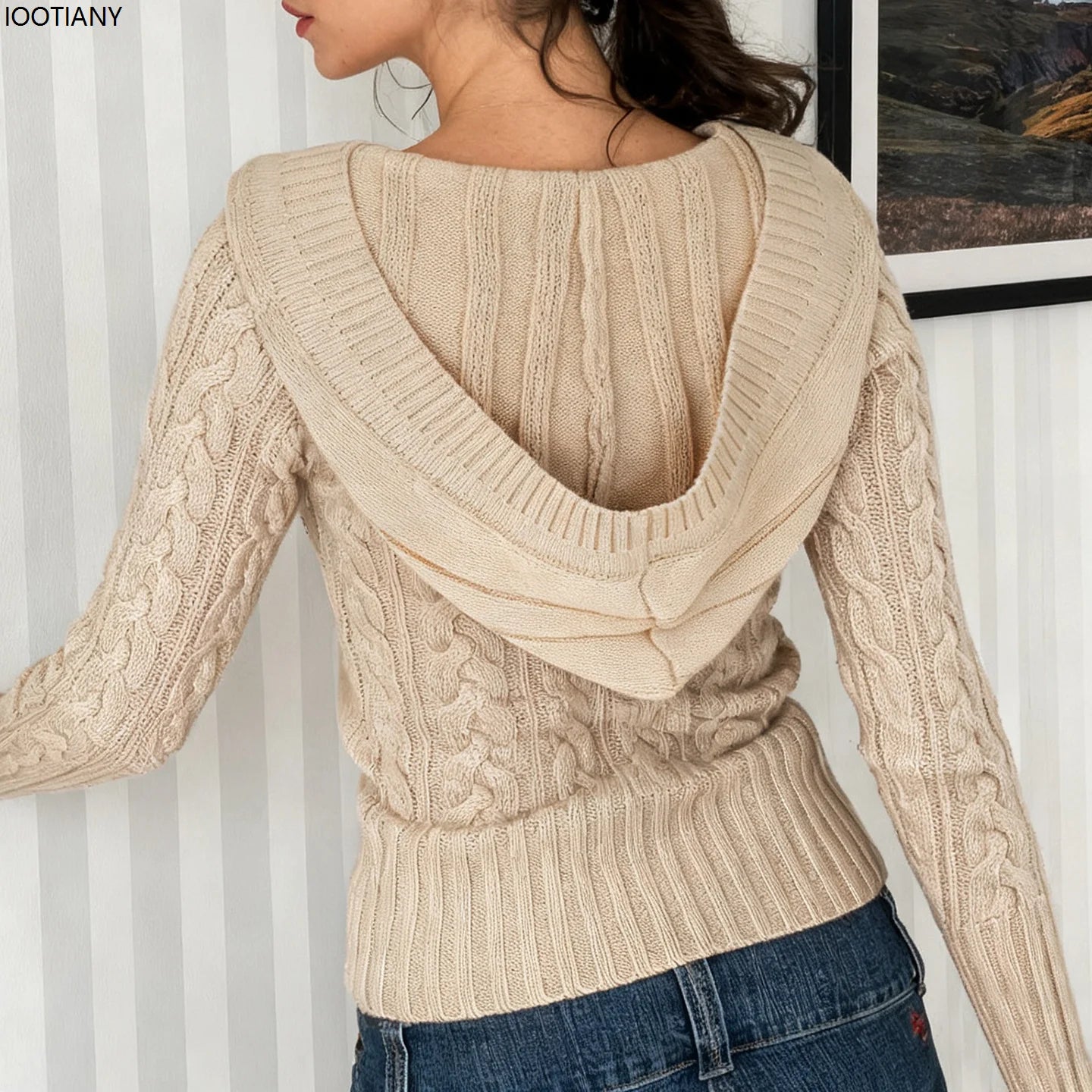 Casual And Relaxed Three-button Hooded Jumper For Women Thickened Knit Cable-knit Vintage Waist-cinching Cardigan