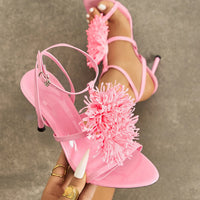 Ladies High Heel Sandals with 3D Fluffy Flower Decorations round Toe Thin Heel Spring Summer Night Club Fashionable Party Shoes