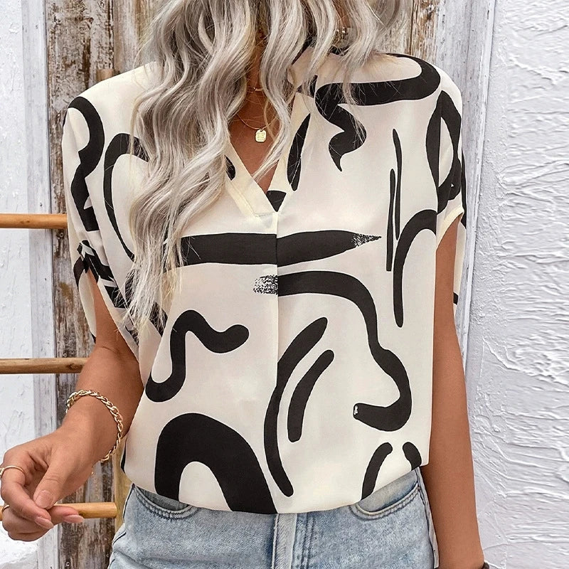 Casual Print Short Sleeve Shirt For Women V Neck Buttons Tops Summer Elegant Office Lady Ruffle Loose Shirt