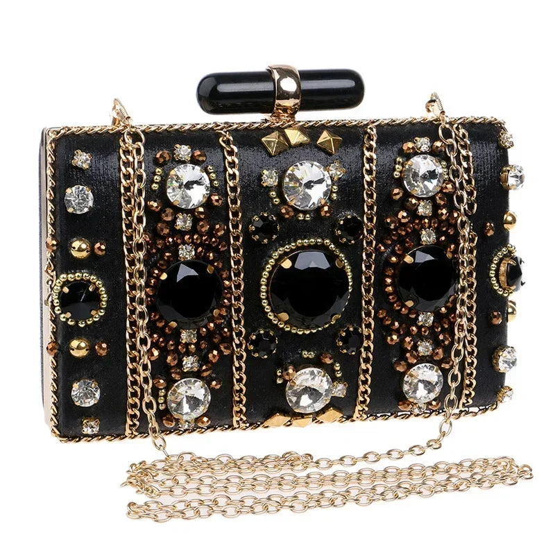 Women's Black Crystal Clutch Purse Luxury Formal Cocktail Party Evening Bag High Fashion Bead Diamonds Handbags