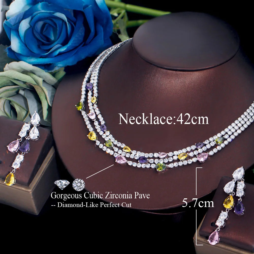 ThreeGraces Shiny Colorful Cubic Zirconia 3 Rows Multi Layer Bridal Wedding Choker Necklace Earrings Jewelry Set for Women TZ784 Natalia Home Fashion    Natalia Home Fashion