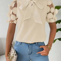 Blouses for Women Trendy Round Neck Mesh Patchwork Short Sleeve Blouse with Neck Tie Short Sleeve Tops T-shirts