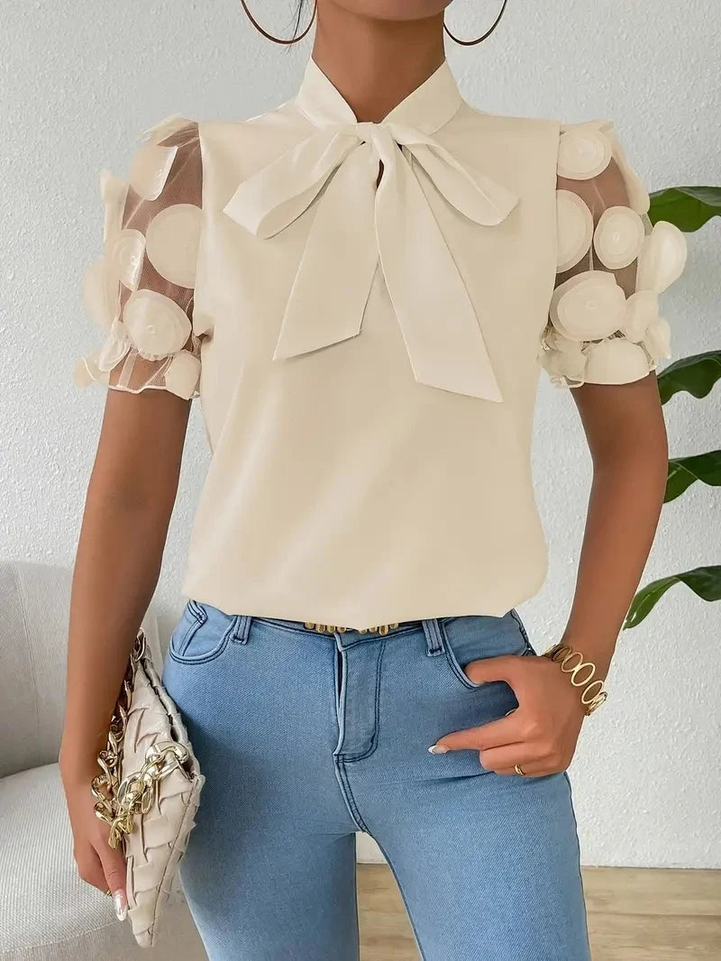 Blouses for Women Trendy Round Neck Mesh Patchwork Short Sleeve Blouse with Neck Tie Short Sleeve Tops T-shirts