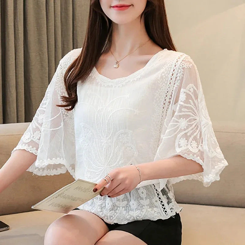 Loose Lace Blouse Women Butterfly Sleeve Chiffon Shirt Woman Fashion Casual Floral Shirt Tops