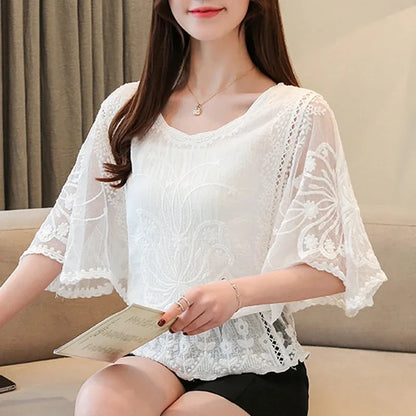 Loose Lace Blouse Women Butterfly Sleeve Chiffon Shirt Woman Fashion Casual Floral Shirt Tops