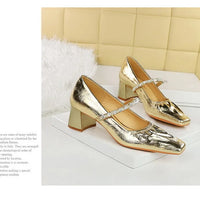 Heels Women Fashion CRYSTAL Pearl Pumps Square Toe Stripper Elegant Party Square Heel Ladies Shoes