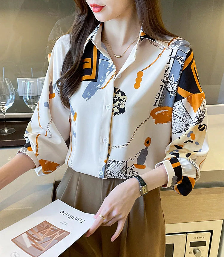 Spring Chiffon Shirt Women's Long-sleeved Printed Color Niche Chiffon
