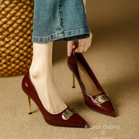 French Style Single Shoes Spring Women Pumps New Pointed Toe Shallow Mouth Metallic Buckle Commuting Shoes Stiletto Single Shoes