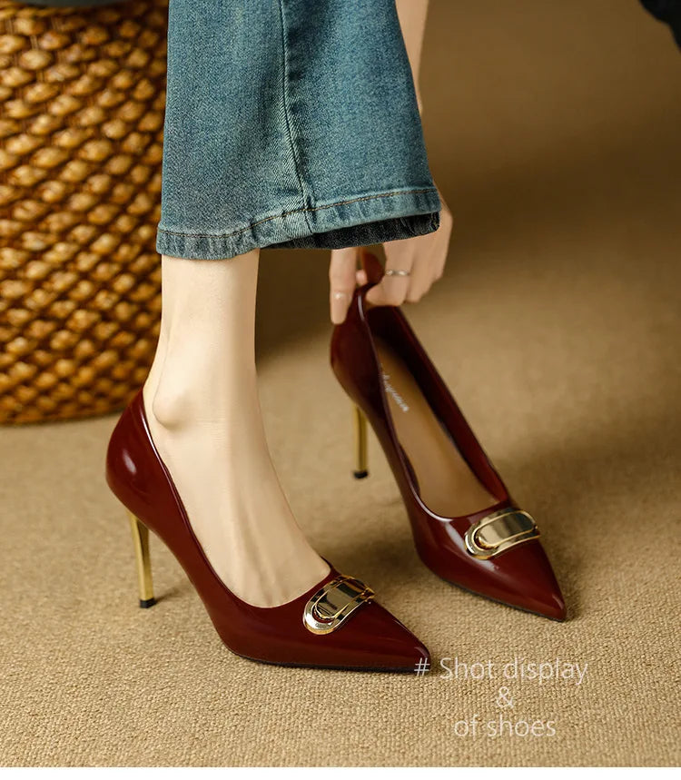 French Style Single Shoes Spring Women Pumps New Pointed Toe Shallow Mouth Metallic Buckle Commuting Shoes Stiletto Single Shoes