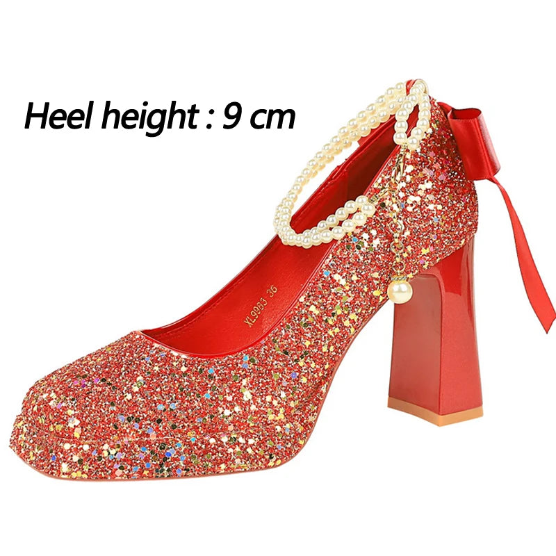 Pearl Chain Design Women Pumps Sequin Platform high heels Square head Thick heeled shoes with Women heels