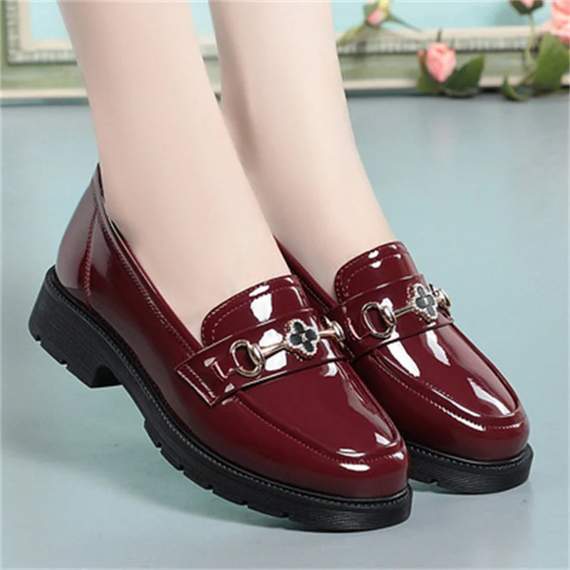 Women's Mary Jane Platform Shoes Round  Head Spring New Metal Chain Casual Soft Patent Leather Slip on Loafers