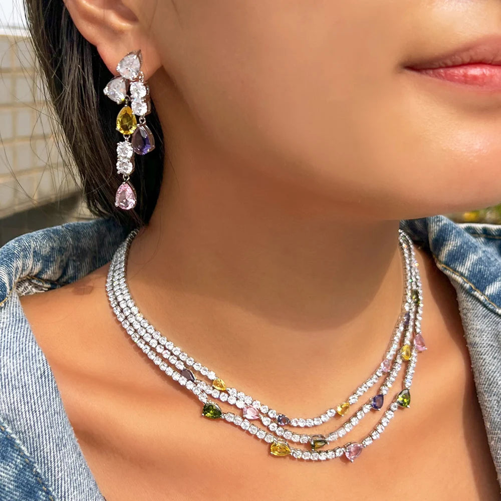 ThreeGraces Shiny Colorful Cubic Zirconia 3 Rows Multi Layer Bridal Wedding Choker Necklace Earrings Jewelry Set for Women TZ784 Natalia Home Fashion    Natalia Home Fashion