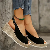 Women's Platform Sandals Summer New Large Size Fish Mouth Slope Heel Stones Pattern Shoes Thick Bottom Clog Casual Slip-On