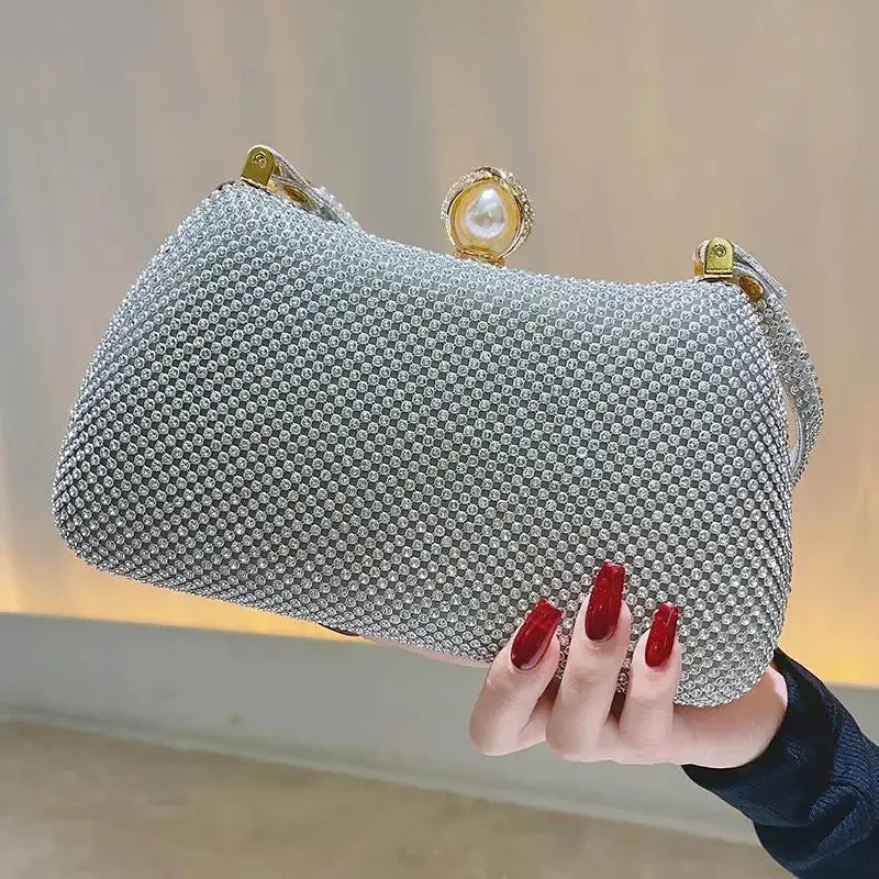 Satchel Metal Double Chain Hand Party Stylish Ladies Luxury Rhinestone Mesh Evening Clutch Bag My Store