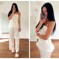 Satin Pajamas With Feathers Sleepwear Women Sets With Pants Black Spaghetti Strap Home Suit White Trouser Suits Natalia Home Fashion    Natalia Home Fashion