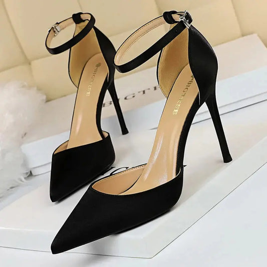 Satin With Shallow Pointed Women Pumps Buckle High Heels Female Shoes Stiletto Heels Sandals Sexy Party Shoes Natalia Home Fashion    Natalia Home Fashion