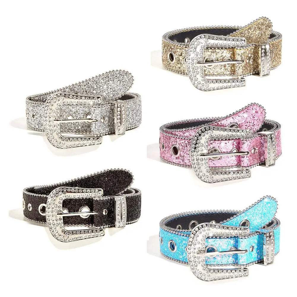 Skull Rivet Rhinestone Bb Belts Trendy Solid Color Sparkling PU Leather Belt Cowboy Cowgirl Jeans Pants Belt For Women Girls Natalia Home Fashion    Natalia Home Fashion